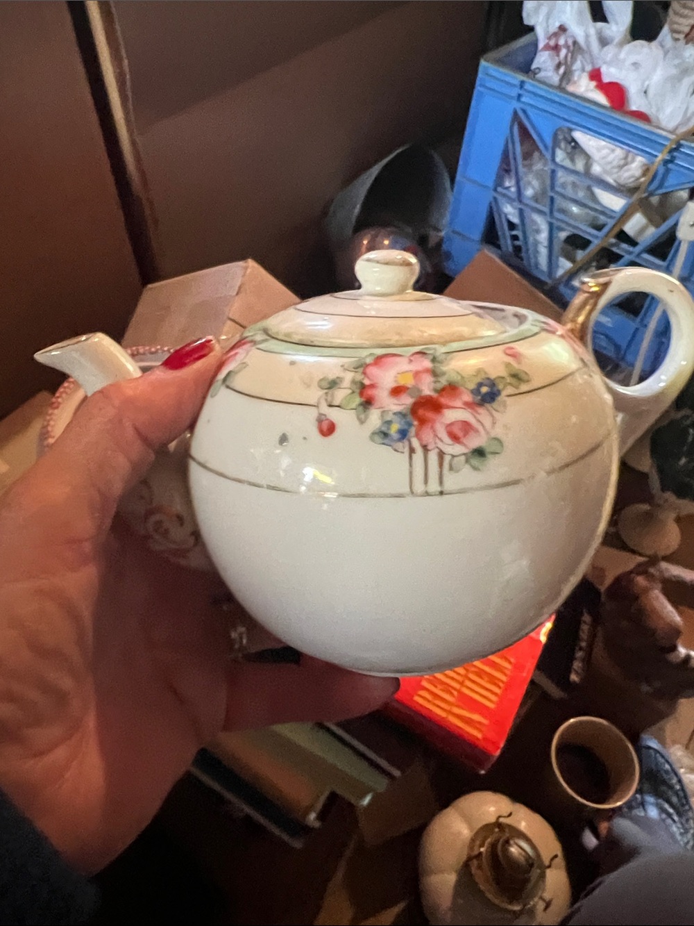 Vintage Floral Porcelain Teapot with Gold Trim